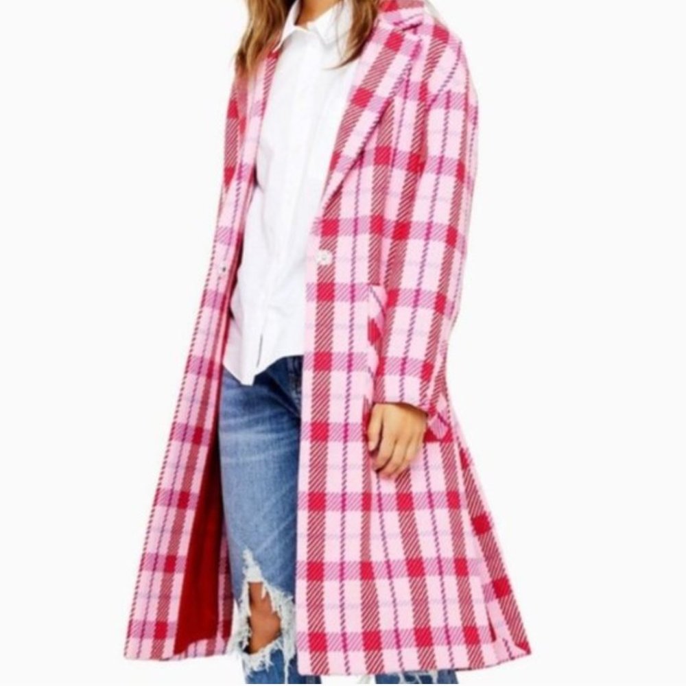 TOPSHOP Suzy Check Plaid Pink Side Split Jacket Coat Long